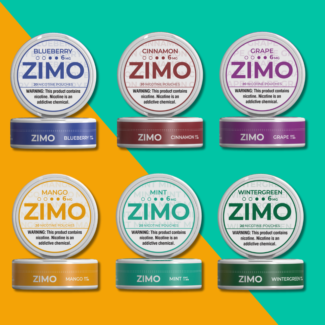 A variety of 6mg Zimo nicotine pouches flavors including Blueberry, Cinnamon, Grape, Mango, Mint, and Wintergreen, each in their individual packaging.
