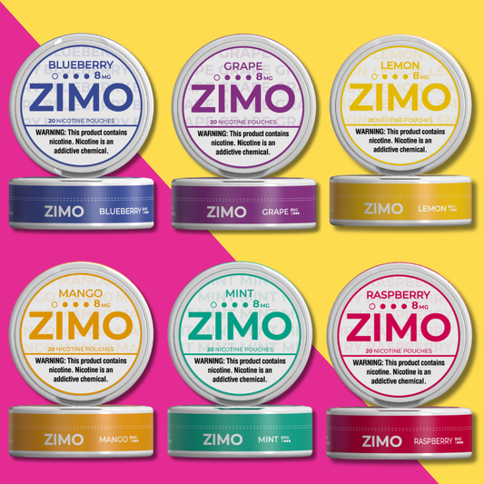 Zimo Nicotine Pouches Fruity Variety Pack available in 3mg, 6mg, & 8mg. Includes 1 can of each: Blueberry, Grape, Lemon, Mango, Mint and Raspberry.